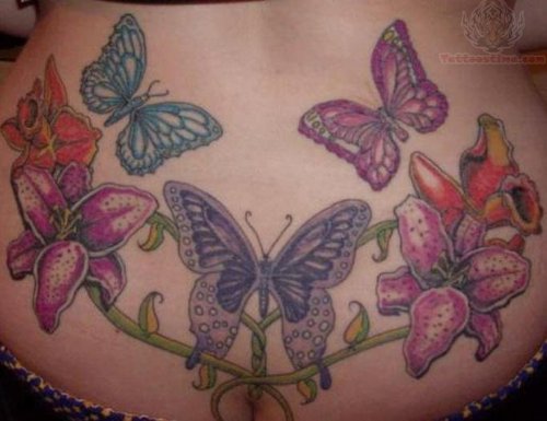 Butterflies And Flowers Lower Back Tattoo Design